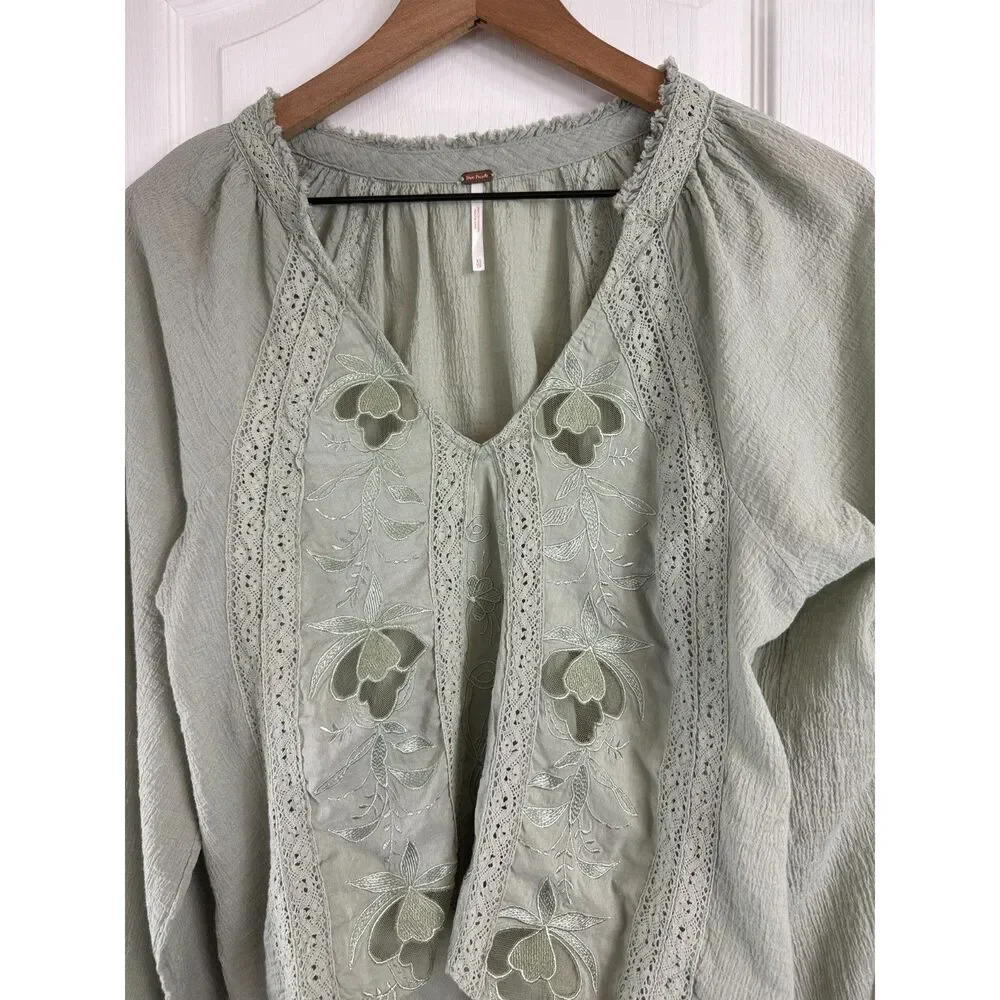 Free People Women's Sivan Embroidered Blouse Moss Green Long Sleeve Size XS - Picture 4 of 12